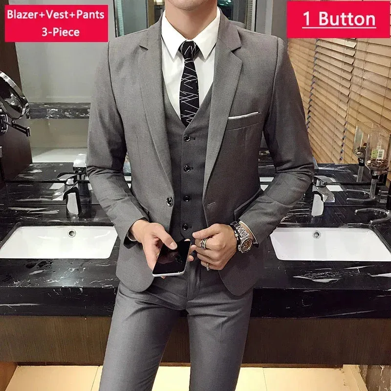 ( Jacket Vest Pants ) Men's Casual Business Formal Thin Solid Color Suit
