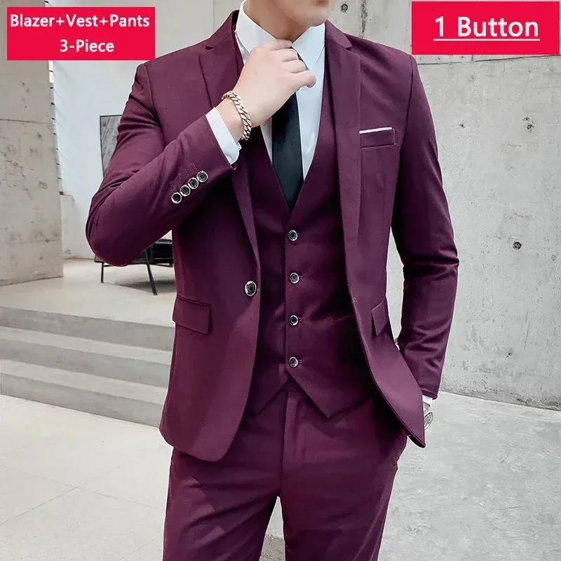 ( Jacket Vest Pants ) Men's Casual Business Formal Thin Solid Color Suit