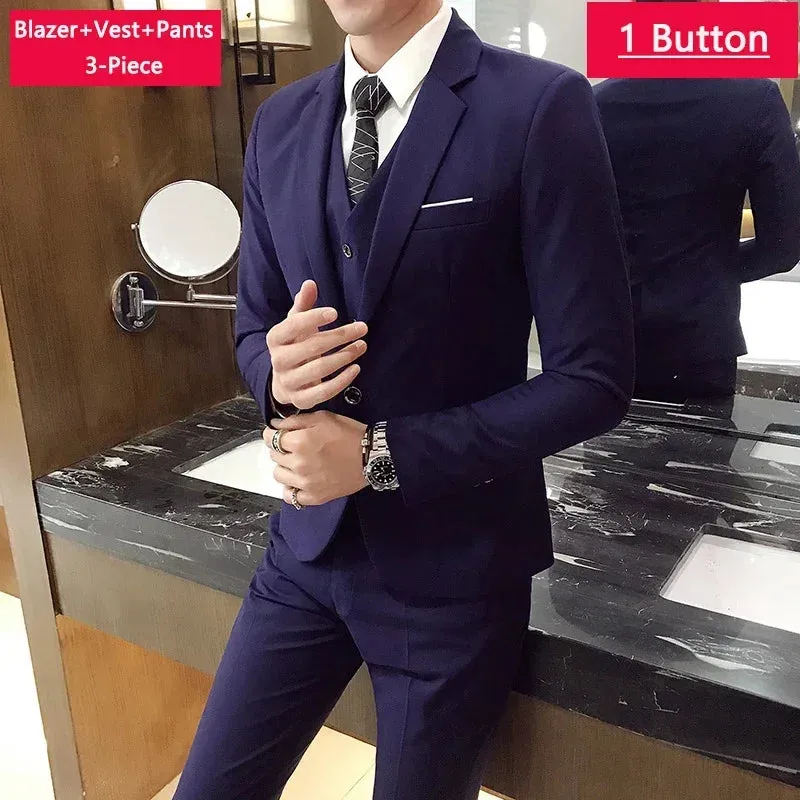 ( Jacket Vest Pants ) Men's Casual Business Formal Thin Solid Color Suit