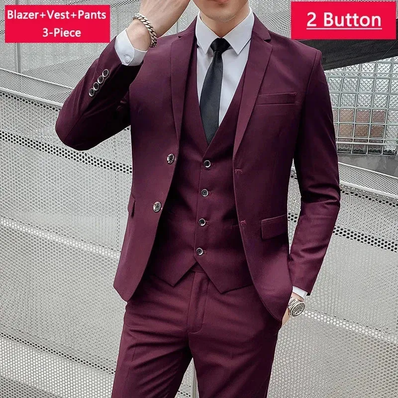 ( Jacket Vest Pants ) Men's Casual Business Formal Thin Solid Color Suit