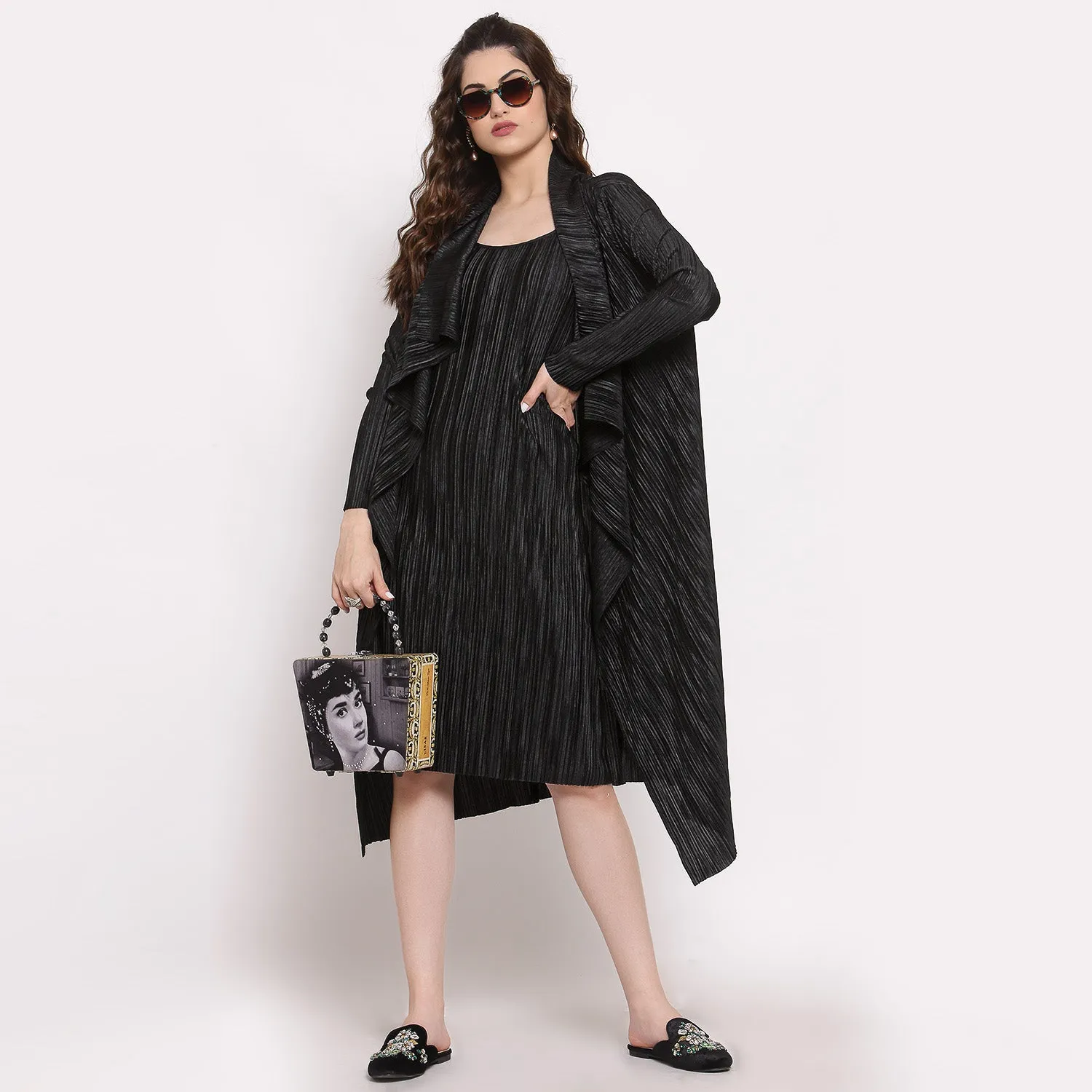 Black Satin Plisse Drape Jacket