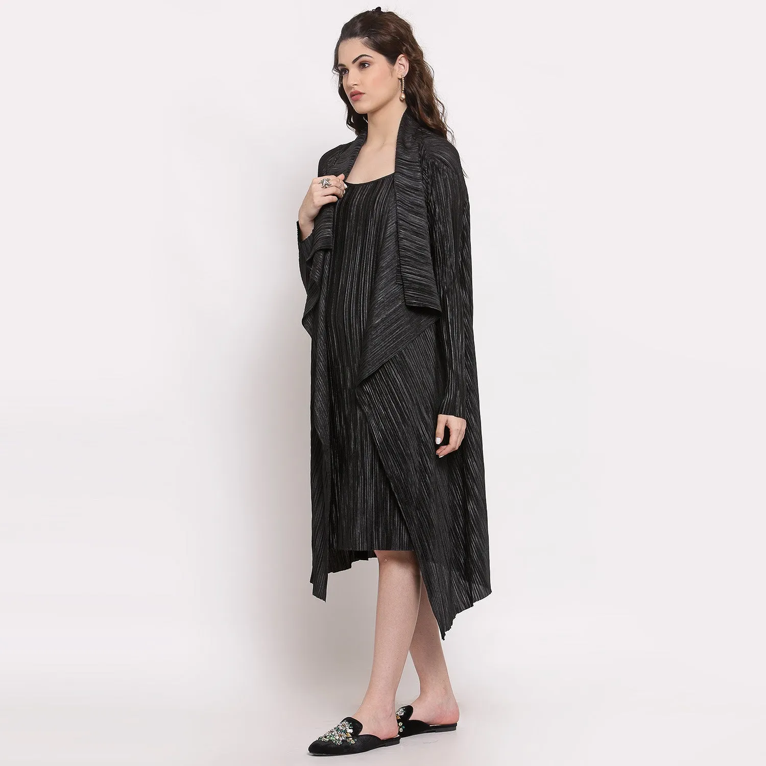 Black Satin Plisse Drape Jacket