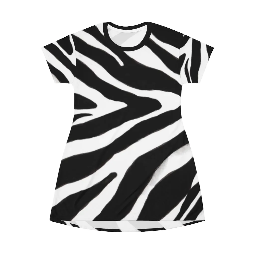 Black Zebra Print T-Shirt Dress, Zebra Animal Print Crew Neck Long Tee Shirt Dress - Made in USA
