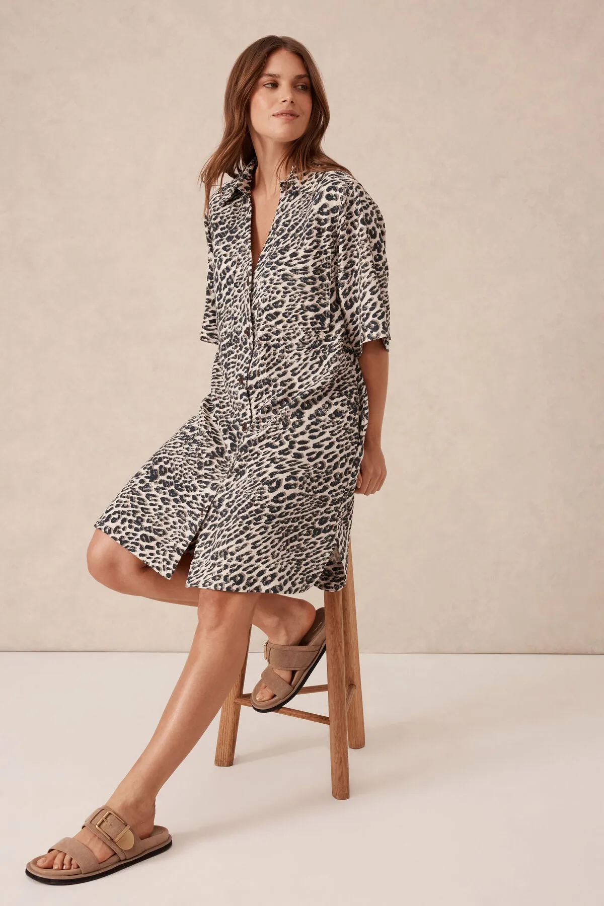 Ceres Life Boxy Shirt Dress - leopard linen blend