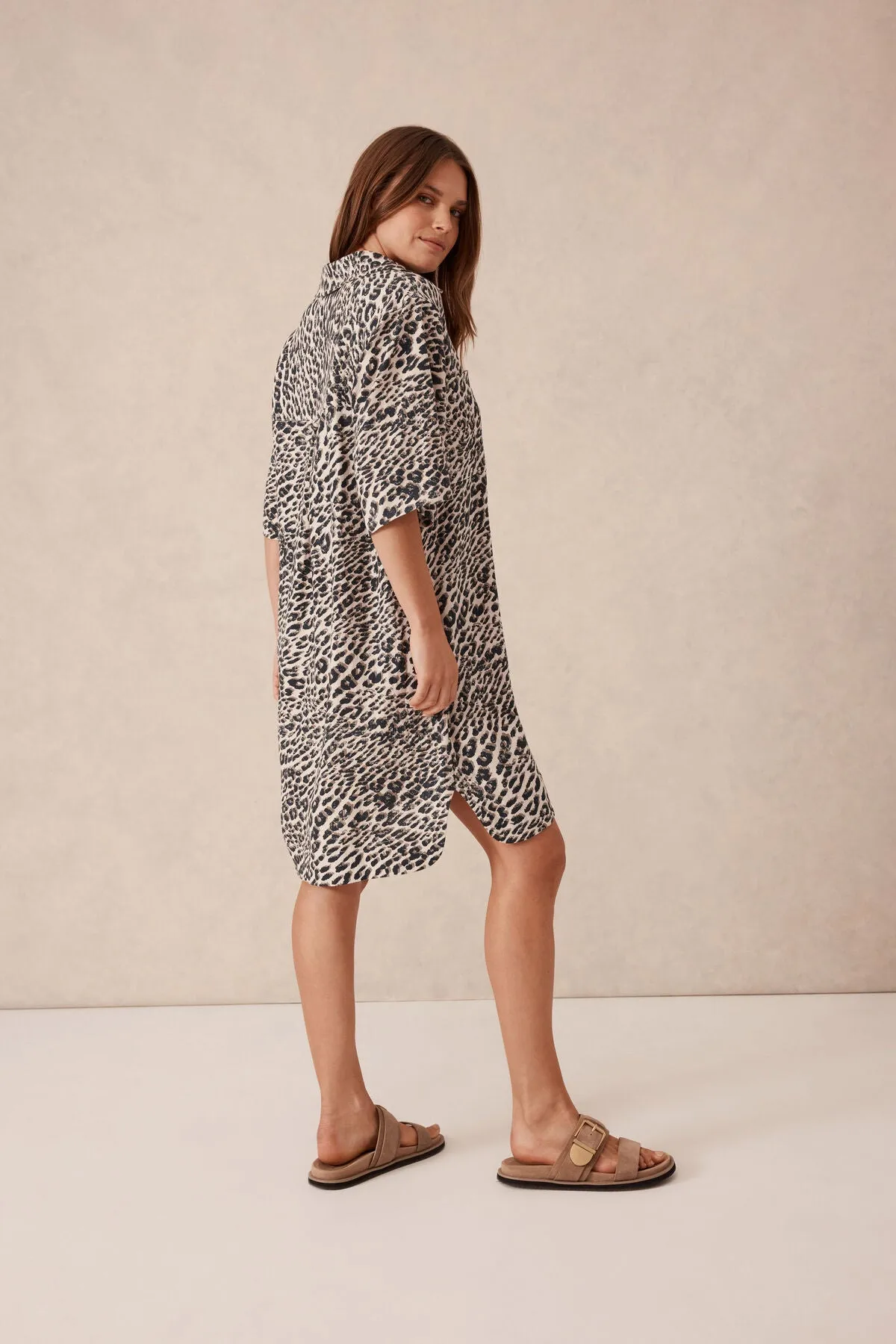 Ceres Life Boxy Shirt Dress - leopard linen blend