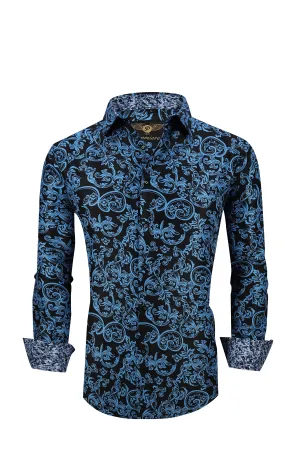 Men PREMIERE Long Sleeve Button Up Dress Shirt Blue Black Paisley