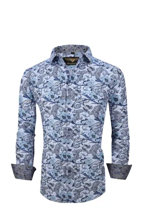 Men PREMIERE Long Sleeve Button Up Dress Shirt Light Blue Paisley