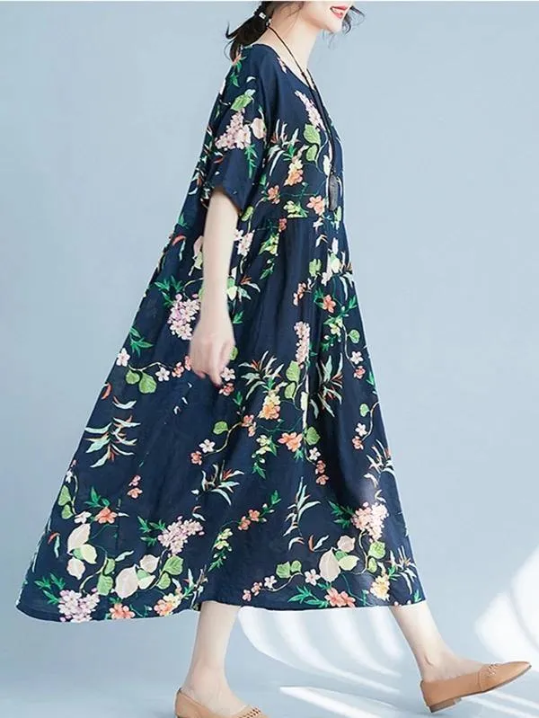 Organic floral cotton linen Robes o neck large hem Love summer Dresses